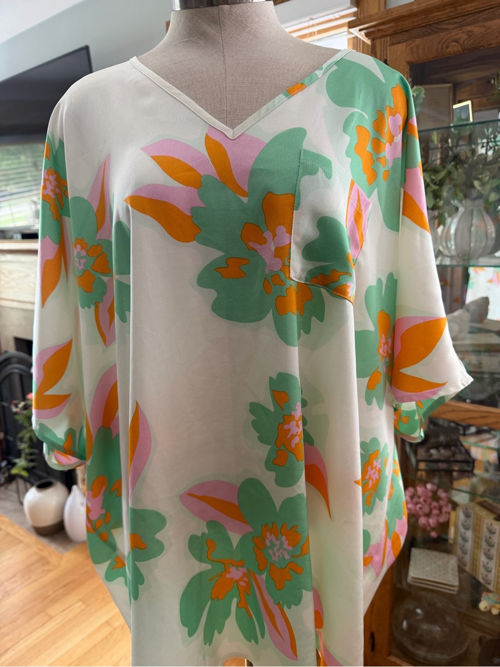 V-Neck Floral Tunic Top in Cream with Green & Orange Print